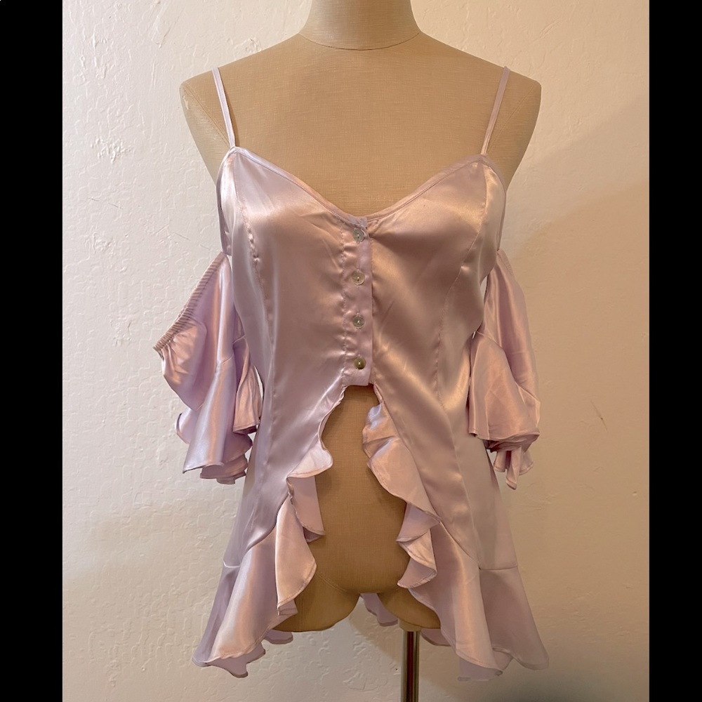 Open shoulder satin pink blouse